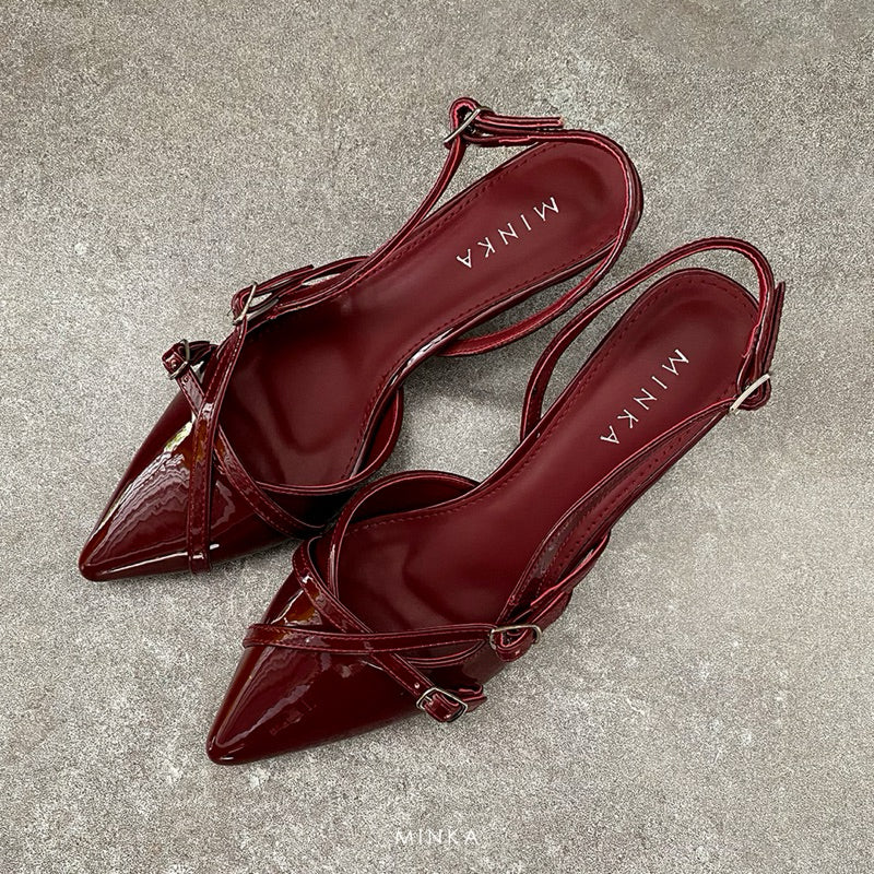 Criss-Cross Heels in maroon – pointed-toe strappy heels