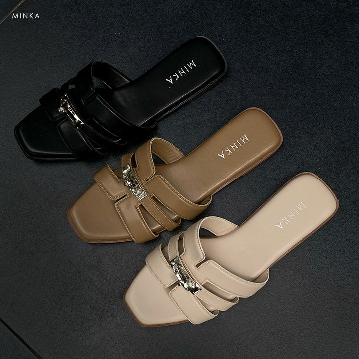 RAN Sandals in camel tan – buckle flat sandals