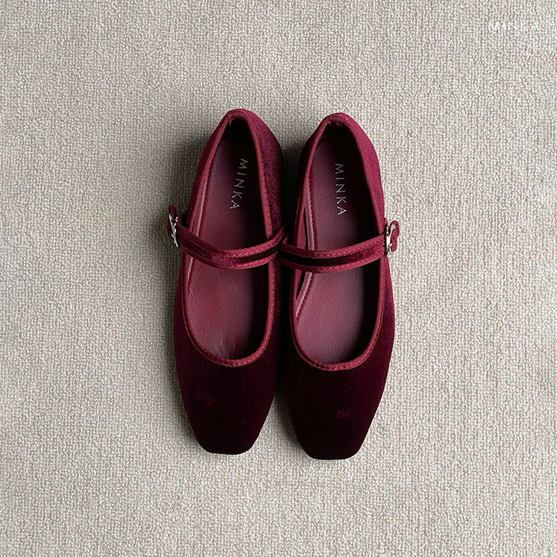 Celeste Mary Jane Pumps in maroon – square-toe Mary Jane flats