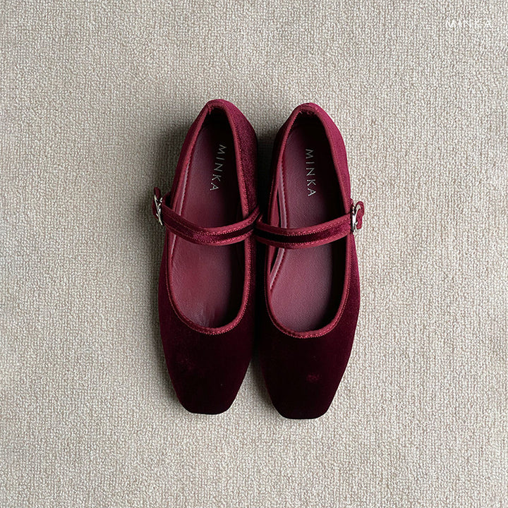 Celeste Mary Jane Pumps in maroon – square-toe Mary Jane flats