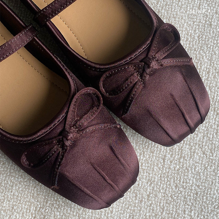 Ariana Mary Jane Flats in plum brown – square-toe velvet Mary Janes