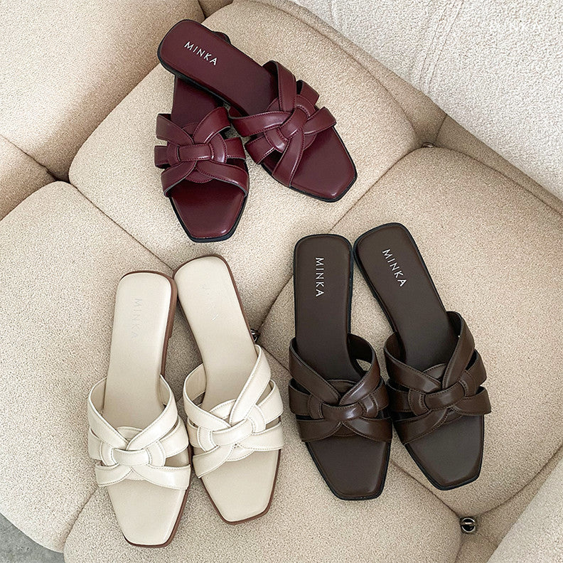 Eliza Flat Slippers – woven square-toe flat sandals for women