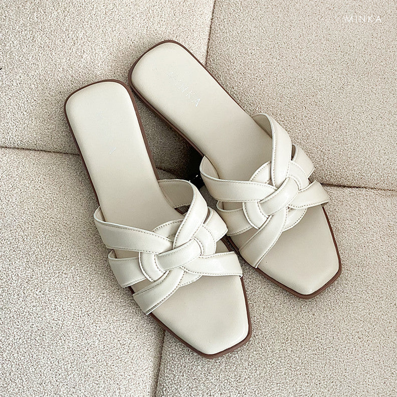 Eliza Flat Slippers in white – woven square-toe flat sandals